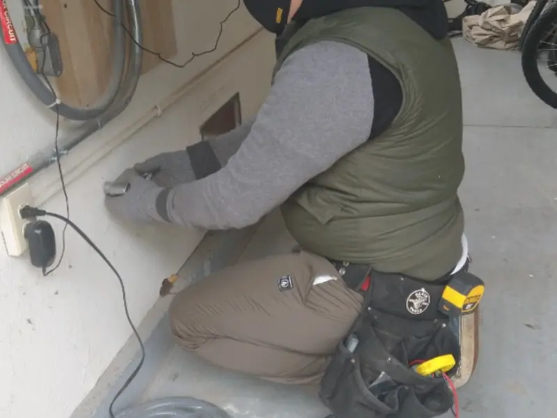 Electrician performing outlet wiring in a Sweetwater garage